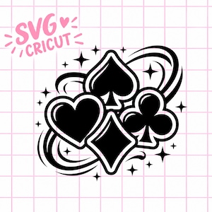 May include: A black and white graphic illustration featuring the four playing card suits: hearts, spades, diamonds, and clubs. The design includes swirling lines and small four-pointed stars surrounding the central symbols. The text SVG CRICUT appears in pink in the upper left corner.