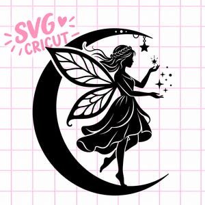 May include: A black silhouette graphic featuring a fairy with detailed wings standing on a crescent moon. The fairy has long hair and a flowing dress, reaching toward small stars. The text SVG CRICUT appears in pink in the upper left corner.