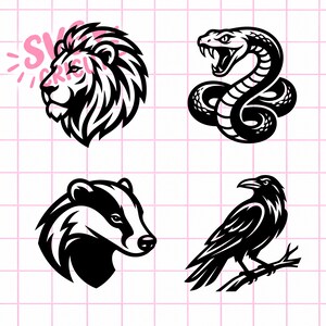 Peut inclure: Un ensemble de quatre illustrations graphiques en noir et blanc représentant une tête de lion, un serpent enroulé la gueule ouverte, une tête de blaireau et un corbeau perché sur une branche. Le tout sur un fond à grille rose pâle avec du texte.