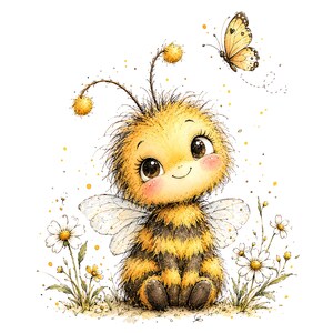 Puede incluir: Una ilustración de una abeja esponjosa con rayas amarillas y negras, grandes ojos marrones y mejillas rosadas, sentada entre margaritas blancas. Una pequeña mariposa amarilla vuela sobre la abeja, que tiene antenas con pompones amarillos.