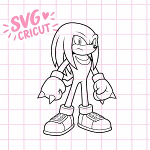 May include: A black and white line art illustration of the character Knuckles the Echidna, featuring his signature dreadlocks, large spiked gloves, and trainers. The text SVG CRICUT is printed in the upper left corner on a pink grid background.