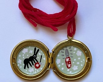 Cherry Ant and Silver Seance hand painted brass locket