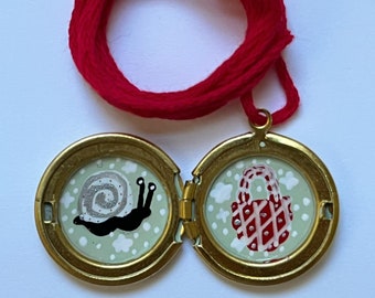 Cosmic Snail Slime and Cherry Basket hand painted brass locket