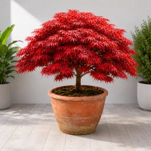 May include: A vibrant Japanese maple tree with dense, bright red, palmate leaves forming a rounded canopy. The tree has a single woody trunk and is planted in a weathered, round terracotta pot filled with dark soil and moss.