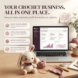 May include: A laptop displaying a business dashboard for Bunnybugs Crochet, featuring revenue, expenses, and profit metrics. Beside it sits a small cream-colored crocheted bunny toy, a ball of pink yarn, a wooden crochet hook, and a measuring tape.