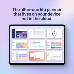 May include: A tablet displaying a digital life planner interface with nine distinct panels including a dashboard, tasks, focus, habits, finance, meal plan, cleaning schedule, journal, and insights. Text reads: The all-in-one life planner that lives on your device not in the cloud.