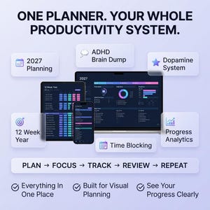 May include: A digital productivity planner displayed on a laptop, tablet, and smartphone. The interface features dark backgrounds with colorful charts, task lists, and calendars. Text includes ONE PLANNER. YOUR WHOLE PRODUCTIVITY SYSTEM. PLAN FOCUS TRACK REVIEW REPEAT.