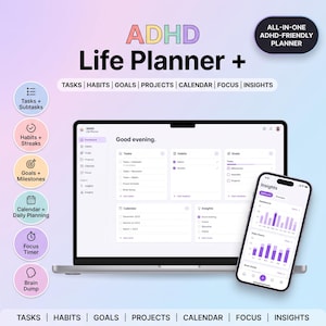 May include: A digital ADHD Life Planner+ displayed on a laptop and smartphone screen. The interface features sections for Tasks, Habits, Goals, Projects, Calendar, Focus, and Insights. The design uses a light purple and white color scheme.