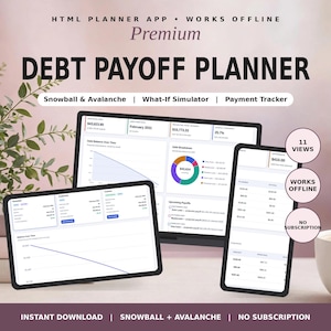 Könnte beinhalten: Eine digitale App zur Schuldenabbauplanung auf drei Bildschirmen. Die Benutzeroberfläche zeigt ein Tortendiagramm, ein Liniendiagramm und Zahlungs-Tracker. Der Text umfasst HTML PLANNER APP, DEBT PAYOFF PLANNER, Snowball & Avalanche, What-If Simulator, Payment Tracker, 11 VIEWS, WORKS OFFLINE, NO SUBSCRIPTION und INSTANT DOWNLOAD.