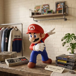 May include: A Mario figurine in a dabbing pose, wearing a red cap with an M, a red shirt, and blue overalls with white gloves. A tag reads VINTAGE FIND GEEK CULTURE. The figure is on a wooden surface with a game controller and game cartridges.
