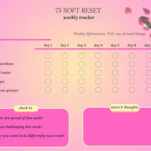 Op de afbeelding: Een roze wekelijkse tracker-pagina getiteld 75 SOFT RESET met een bloemmotief aan de rechterkant. Het bevat een raster voor zeven dagen om gewoontes bij te houden zoals voeding, training, waterinname, lezen en foto's, plus notitieruimtes.
