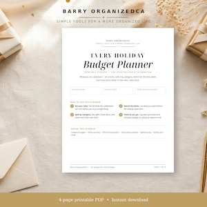 Può includere: Un documento stampabile Every Holiday Budget Planner bianco con testo nero. La pagina include sezioni per il nome della festività, la data e il budget totale, insieme a istruzioni numerate e un elenco di funzionalità incluse.