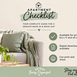 May include: An Apartment Checklist digital guide featuring the text 'APARTMENT Checklist YOUR COMPLETE GUIDE FOR A SMOOTH MOVE-IN & MOVE-OUT' with icons for printing, digital download, and sharing, plus the brand name 'Barry Organized' and 'Stay organised! Feel at home.'