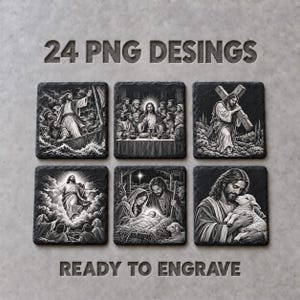 May include: A collection of 24 PNG designs for engraving, featuring six square black and white illustrations of biblical scenes including the Last Supper, the Nativity, and Jesus carrying the cross, with the text 24 PNG DESINGS READY TO ENGRAVE.