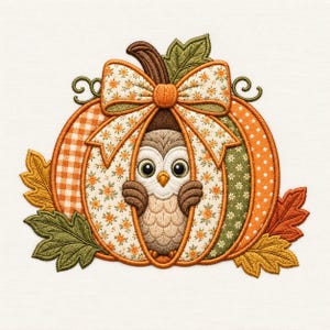 May include: An embroidered design featuring a central owl peeking out from a pumpkin. The pumpkin has sections of orange gingham, white polka dots, and floral patterns, topped with a large floral bow and surrounded by green and orange leaves.