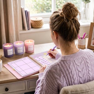 May include: A light purple spiral-bound planner with a grid layout, a white ceramic mug with latte art, three scented candles in purple and pink glass jars, a small green succulent in a pink pot, and a framed photograph on a wooden desk.