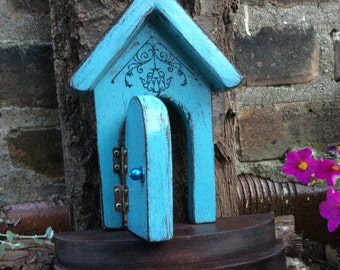 Fairy door that opens, fairy garden, garden decor, Blue Fairy door, Garden, Unique, Birthday, Housewarming, Tooth Fairy, Wooden, outdoor