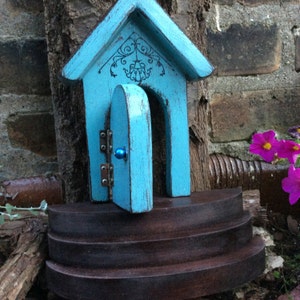 Fairy door that opens, fairy garden, garden decor, Blue Fairy door, Garden, Unique, Birthday, Housewarming, Tooth Fairy, Wooden, outdoor
