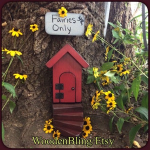 Fairy Garden, Gifts for Her, Fairy Door, Red, Opening, Reclaimed wood, Distressed, Garden Decor, Girls Room Decor,  Birthday, housewarming