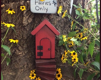 Fairy Garden, Gifts for Her, Fairy Door, Red, Opening, Reclaimed wood, Distressed, Garden Decor, Girls Room Decor,  Birthday, housewarming