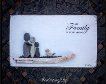 Pebble Art, Family, Driftwood, Reclaimed Wood, Nautical, Beach Decor, Beach Art, Lake House, Gift, Housewarming, Family Gift, dog