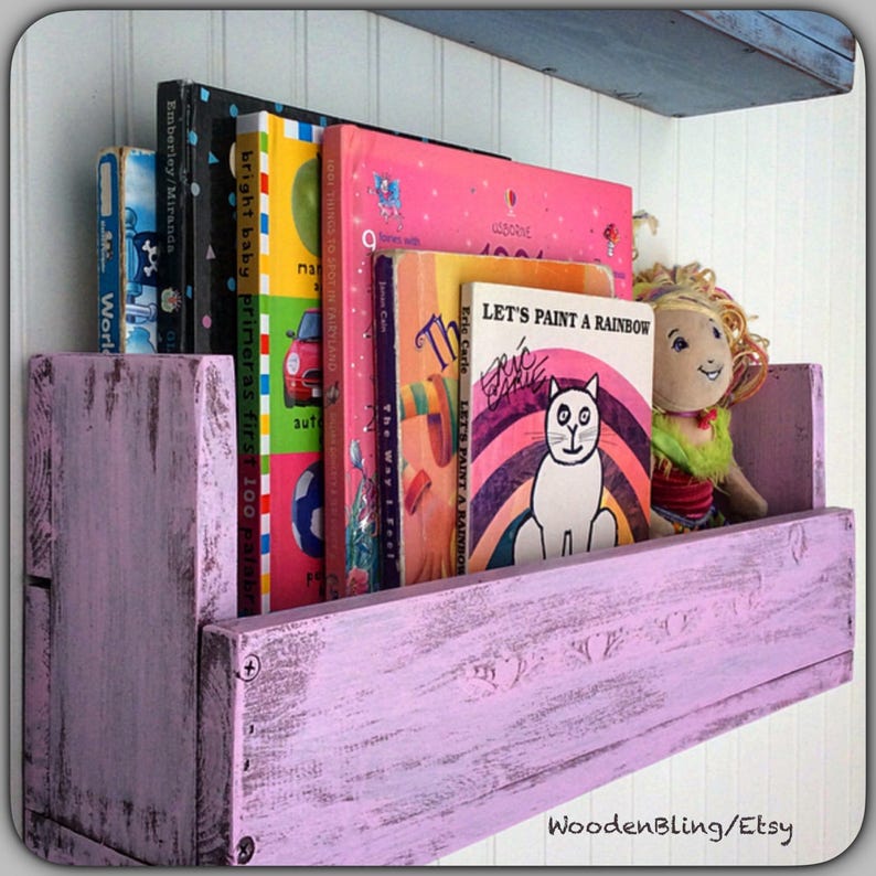 Children's Bookshelf, Shelf, Reclaimed Wood, Nursery, Girls, Bathroom Shelf, Room Decor, Distressed Pink, Raised Plaster, Personalized image 1