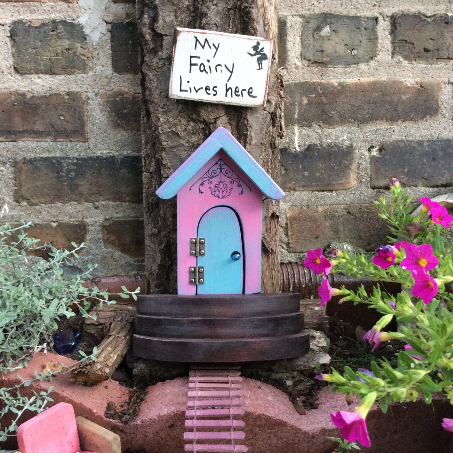 Fairy Door Fairy Garden Door That Opens Pink Blue Garden Etsy