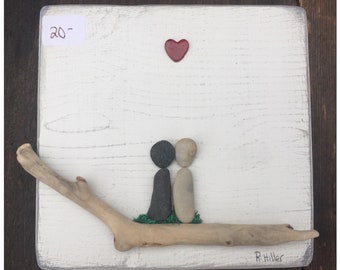 Pebble Art, Valentines Day, Love, Beach Decor, Nautical Decor, Beach House, Distressed, Stone Art, Driftwood, Couples Gift, Housewarming Gif