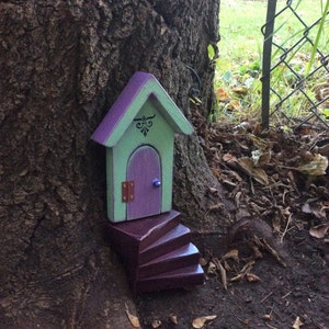 Fairy door, fairy garden, door that opens, green and purple, distressed fairy door, One of a Kind