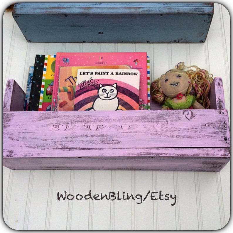 Children's Bookshelf, Shelf, Reclaimed Wood, Nursery, Girls, Bathroom Shelf, Room Decor, Distressed Pink, Raised Plaster, Personalized image 3