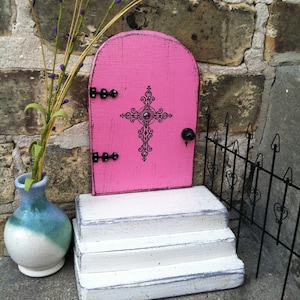 Pink Fairy Door, with a set of white stairs, handmade, cross, unique gift, imaginative play.