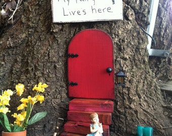 Mothers Day Gift, Fairy Garden, Fairy Door, Birthday, Fairies, Housewarming, Gifts for Her, Red, Outdoor, Girls Room, Wood, Reclaimed Wood