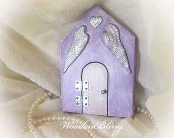 Fairy Door that opens, Fairy Garden, Mothers Day, Fairy Wings, Silver Heart, Handmade, Garden Decor, Birthday, Gift for Her, Housewarming