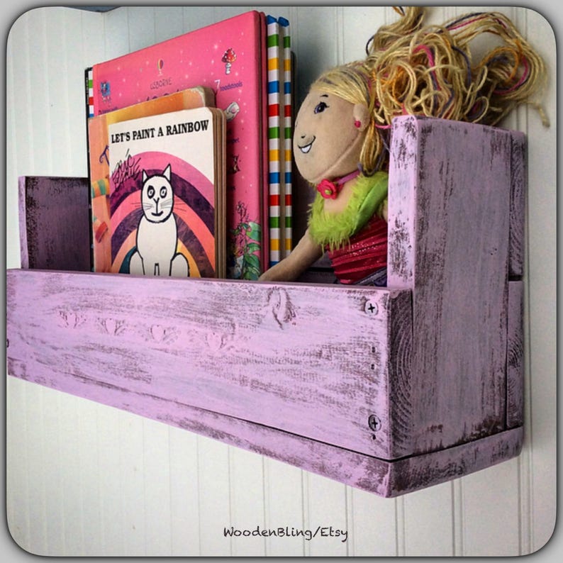 Children's Bookshelf, Shelf, Reclaimed Wood, Nursery, Girls, Bathroom Shelf, Room Decor, Distressed Pink, Raised Plaster, Personalized image 2