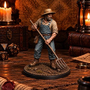 May include: A miniature figurine of a bearded person wearing a straw hat, a tan shirt, and blue denim overalls, standing on a circular cobblestone base while holding a long-handled metal pitchfork with both hands, featuring a small pouch at the waist.