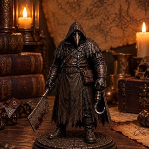 May include: A dark brown plague doctor figurine standing on a circular stone base. The figure wears a hooded cloak, a bird-like mask, and gloves. It holds a large, blood-stained meat cleaver in the right hand and a metal hook in the left hand.