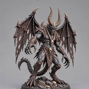 May include: A detailed miniature figurine of a winged demon with grey skin, large curved horns, and sharp claws. The creature wears brown spiked armour, a skull necklace, and a skull belt, standing on a base covered in dark rocks and bone fragments.