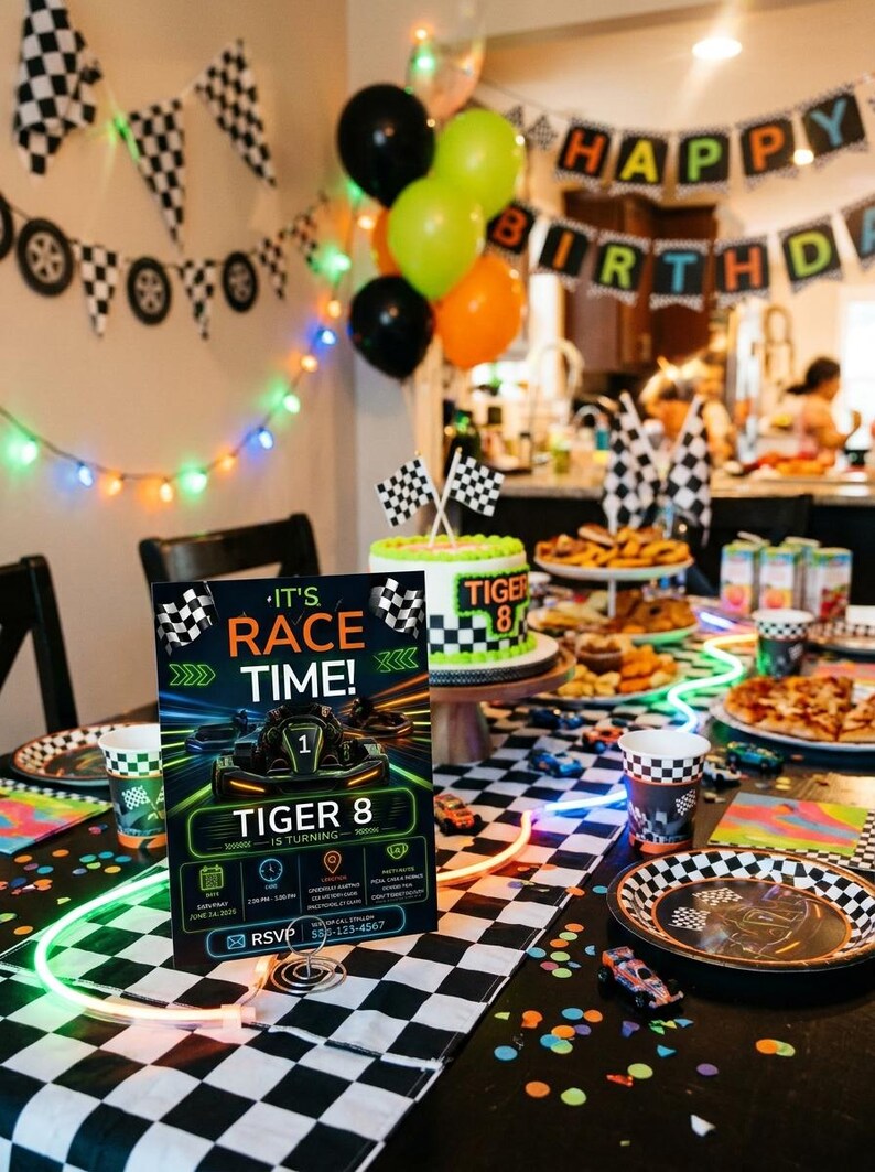 Go Kart Birthday Invitation Template | Neon Racing, Checkered Flag ...