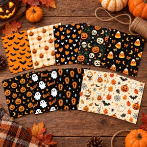Puede incluir: Una colección de nueve tarjetas rectangulares con varios patrones de Halloween, incluyendo murciélagos naranjas, calabazas sobre cuadros, corazones negros, calaveras, dulces de maíz, fantasmas con el texto Boo, ataúdes naranjas y hojas de otoño con fantasmas.