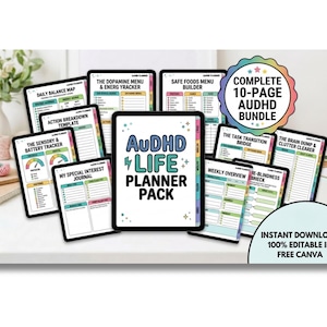 May include: A digital planner bundle featuring ten pages displayed on tablets, including titles like AuDHD Life Planner Pack, Daily Balance Map, Dopamine Menu, and Safe Foods Menu Builder. The text indicates a complete 10-page bundle, editable in Canva.