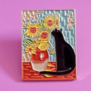 Pin's chat noir , pot de fleurs , peinture de van gogh , cadeau , impressionniste , romantique
