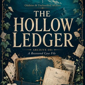 May include: A dark blue book cover titled The Hollow Ledger, Archive 001, A Recovered Case File by Black Spear Ireland. The design features gold text, a mountain landscape, ivy vines, white flowers, and scattered aged papers with handwritten notes.
