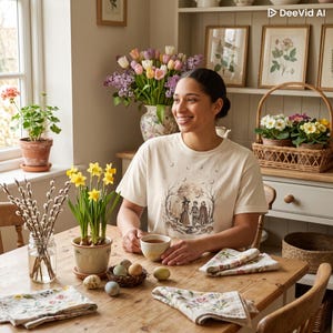 Könnte beinhalten: Ein cremefarbenes Kurzarm-T-Shirt mit einer grafischen Illustration von vier Figuren in einer Waldumgebung mit Mondsicheln, umgeben von Kürbissen und kahlen Bäumen, die auf die Vorderseite des Kleidungsstücks gedruckt ist.
