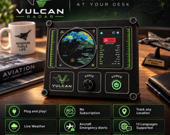 May include: A black Vulcan Radar desktop device featuring a circular digital map display and a rectangular data screen. The unit includes a range control knob, a power button, and the Vulcan Radar logo. The screen displays real-time air traffic data, including flight details for Turkish Airlines, with green interface accents.