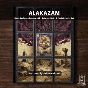 May include: A 9-pocket binder page featuring an Alakazam trading card in the center. The surrounding pockets display an extended art landscape of rocky terrain and purple clouds. Text reads ALAKAZAM, Mega Evolution Promos 009, and Instant Digital Download.