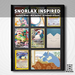 Może przedstawiać: Czarny segregator na karty kolekcjonerskie z dziewięcioma przezroczystymi kieszeniami wypełnionymi różnymi kartami i ilustracjami z motywem Snorlax. Tekst na górze brzmi SNORLAX INSPIRED, Aesthetic Binder, Michi Method, 25 Pokémon Artworks. Karty prezentują kolorowe grafiki.