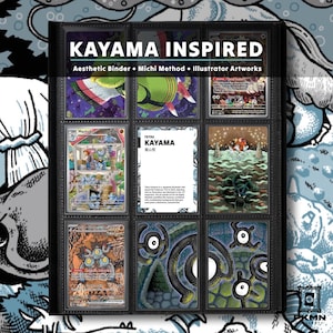 Puede incluir: Un archivador negro para tarjetas coleccionables con nueve bolsillos transparentes que contienen varias cartas ilustradas. El encabezado dice KAYAMA INSPIRED, Aesthetic Binder, Michi Method, Illustrator Artworks. La tarjeta central muestra TETSU KAYAMA.