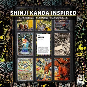 May include: A black trading card binder page containing nine slots, eight filled with illustrated cards and one central card featuring the text SHINJI KANDA INSPIRED, Aesthetic Binder, Michi Method, Illustrator Artworks, and SHINJI KANDA.