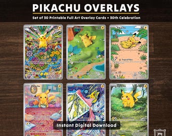 Puede incluir: Un conjunto de 30 tarjetas de superposición de arte completo imprimibles tituladas PIKACHU OVERLAYS 30th Celebration. La imagen muestra seis diseños distintos de tarjetas coleccionables con Pikachu en varios escenarios ilustrados.
