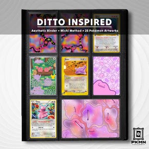 Könnte beinhalten: Ein schwarzer Sammelkartenordner mit verschiedenen Ditto-Karten und Kunstwerken. Die Kopfzeile lautet DITTO INSPIRED, Aesthetic Binder, Michi Method, 25 Pokémon Artworks. Die Seiten zeigen mehrere farbenfrohe Illustrationen und Spielkarten.